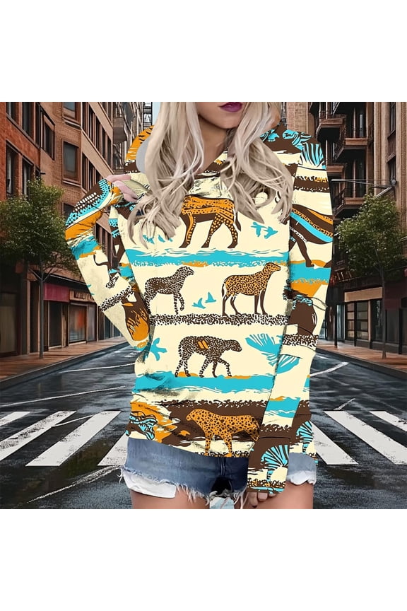 Shirts for Women Hooded Spring Blouse Geometric Pattern Light Blue Ladies Tops Lightweight