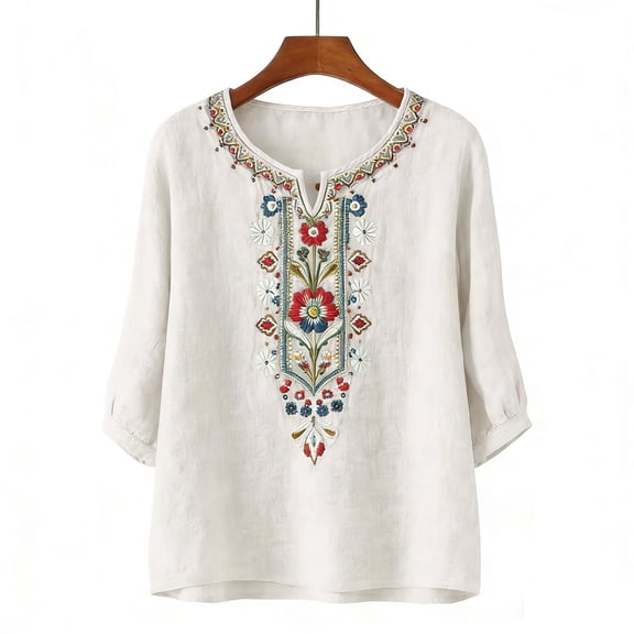 HOMBOM Boho Shirts for Women Summer Blouse Cotton Linen Floral 3/4 Sleeve Crew Neck White Soft Young Womans Tops