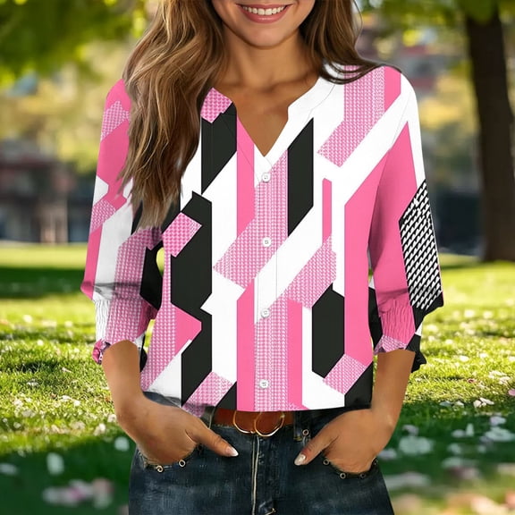 HOMBOM Henley V Neck Shirts for Women Blouse Summer Basic Pink Floral 3/4 Sleeve Ladies Tops