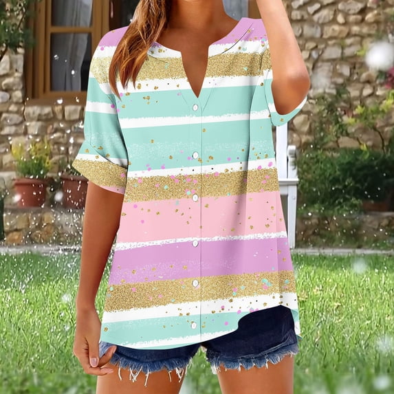 HOMBOM Shirts for Women Striped Summer Blouse Lightweight Pink Short Sleeve Henley V Neck Young Womans Tops