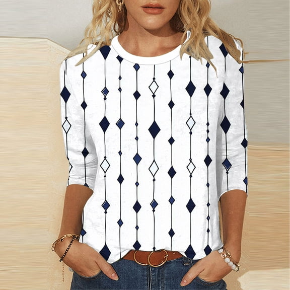 HOMBOM Shirts for Women Crew Neck Blouse Spring White Casual Floral 3/4 Sleeve Ladies Tops