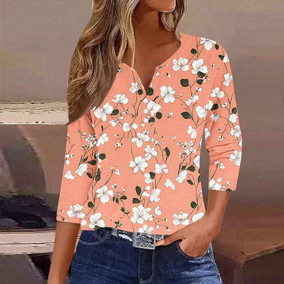 HOMBOM Womens Spring Shirts Blouse Floral Henley V Neck Orange Tops for Young Woman 3/4 Sleeve