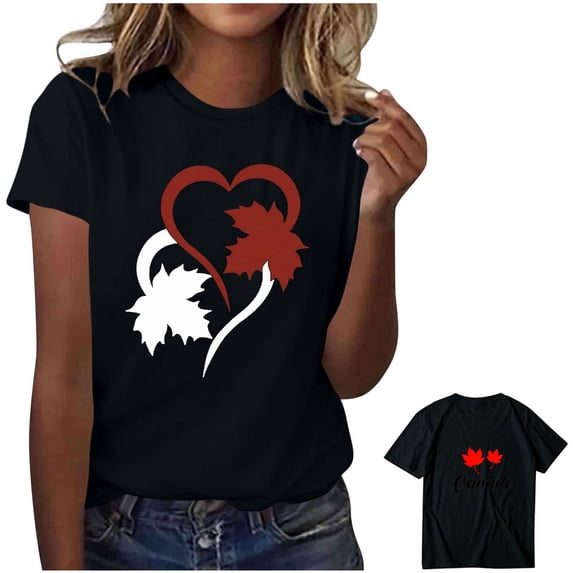 HOMBOM Womens T Shirts Graphic Tees Summer Maple Leaf Print Short Sleeve Black Soft Crew Neck Tops for Ladies