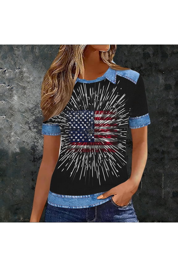 Womens Shirts Blouse Red Fourth of July Spring Waffle Lightweight Tops for Women Short Sleeve