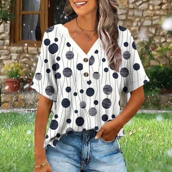 HOMBOM Shirts for Women Blouse Henley V Neck White Short Sleeve Floral Long Sleeve Basic Womens Tops