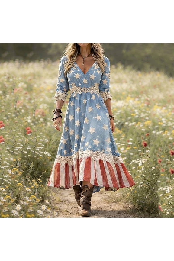 Womens Summer Dresses Maxi Light Blue Dress Easter American Flag Flowy A-Line Dress for Ladies