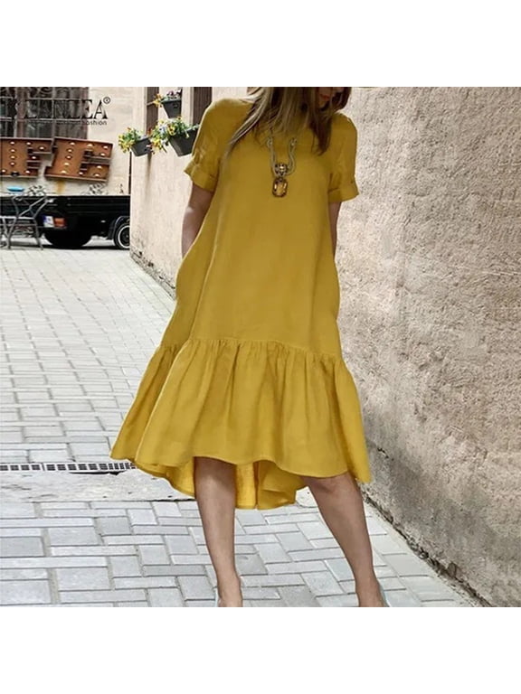 Womens Summer Dresses Midi Yellow Ruffle Hem Short Sleeve Loose A-Line Dress for Ladies Comfort