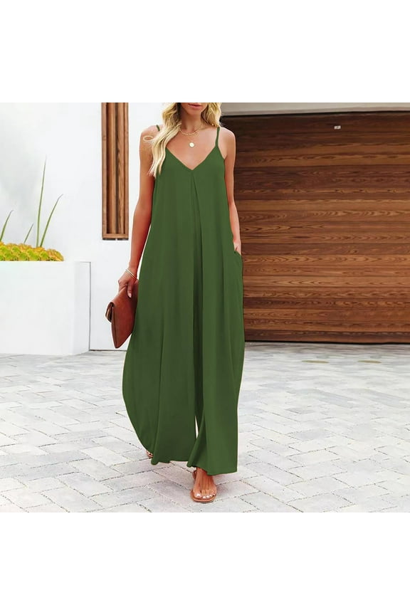 Womens Summer Jumpsuits and Rompers Army Green Sleeveless V-neck Solid Color Wide-leg Overalls S