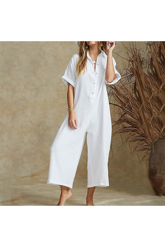 Womens Summer Jumpsuits and Rompers Short Sleeve White Button up V-neck Solid Color Wide-leg Jumpsuit XL