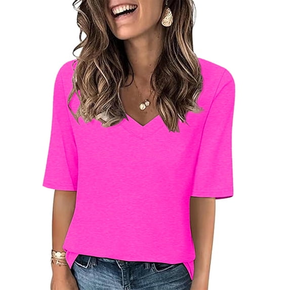 HOMBOM Womens Summer Shirts Casual Short Sleeve Hot Pink V-Neck Solid T-Shirts XXXL
