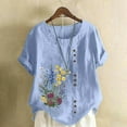 thumbnail image 1 of HOMBOM Womens Summer Shirts Cotton Linen Button Light Blue Short Sleeve Floral Blouse for Women Crewneck, 1 of 5