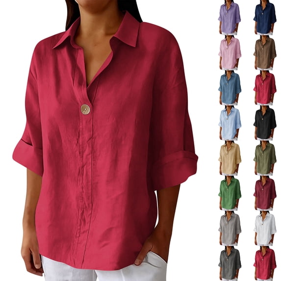 HOMBOM Womens Summer Shirts Cotton Linen Lapel Red Plus Size 3/4 Sleeve Dressy Casual Solid T Shirts for Ladies V Neck