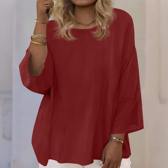 HOMBOM Womens Summer Shirts Plus Size Cotton Linen Boho 3/4 Sleeve Solid Wine Blouse for Women Crewneck
