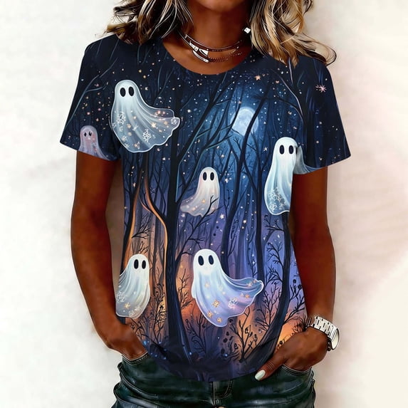 HOMBOM Womens Summer T Shirts Crewneck Fall Casual Short Sleeve Cozy Ladies Halloween Pullover Classy Tops,L