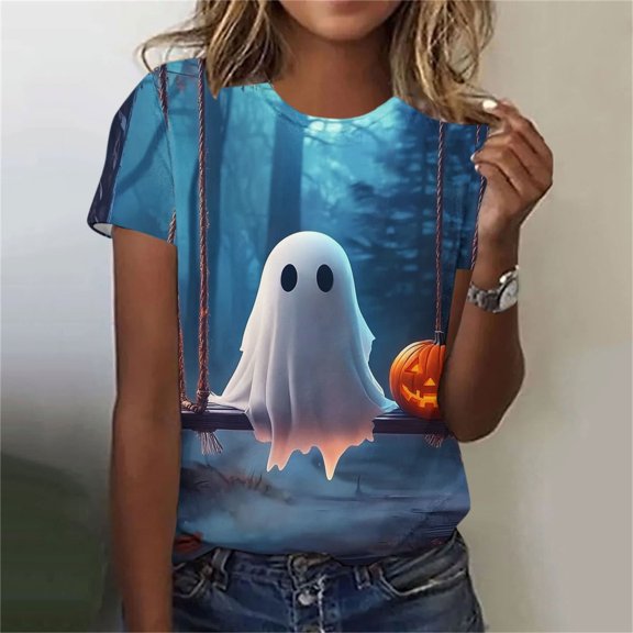 HOMBOM Womens Summer T Shirts Crewneck Halloween Short Sleeve Lightweight Soft Basic Ladies Tees Basic Tops,S