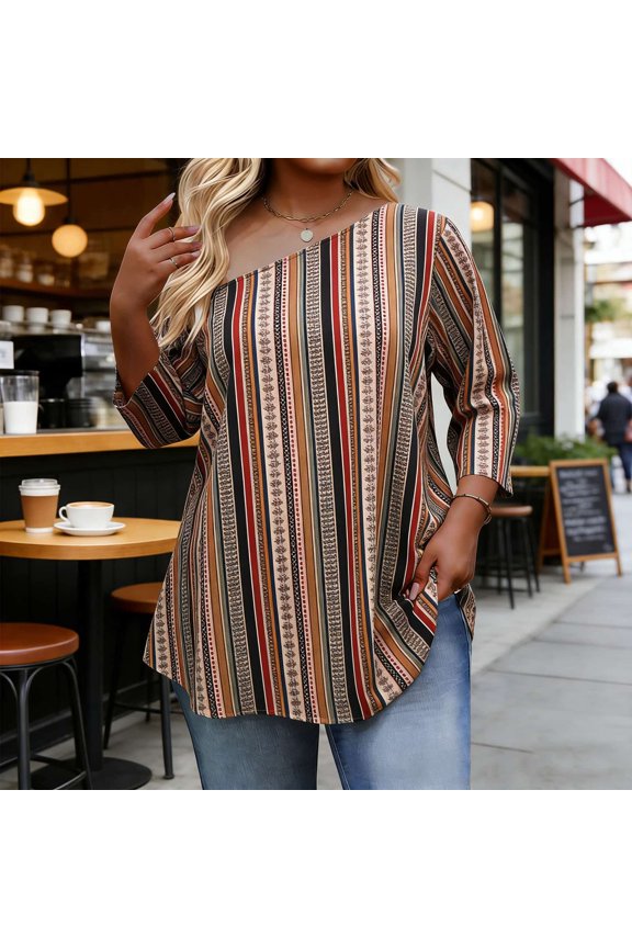 Womens Summer Tops Boat Neck Blouse One Shoulder Geometric Pattern Soft Graphic Tees for Young Woman Plus Size