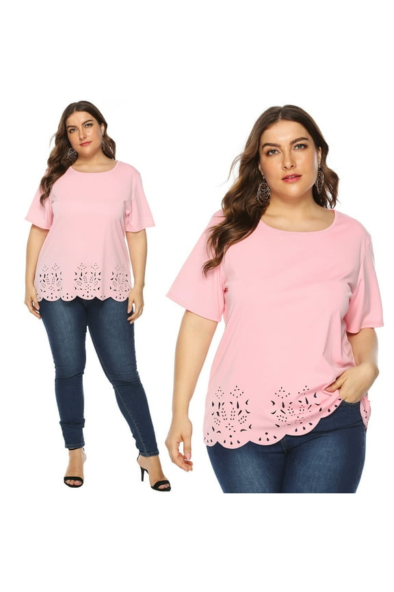 Womens Summer Tops Crewneck Short Sleeve Solid Color Pink Plus Size Tops Ladies Tops