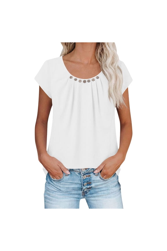 Womens Summer Tops Tee Shirts Cotton Linen Short Sleeve Pleated Crewneck Comfy Blouse for Ladies Solid Color