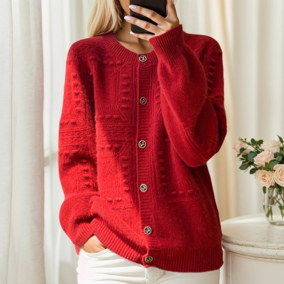 HOMBOM Womens Sweaters Chunky Red Cardigan Long Sleeve Winter Crew Neck Cardigans for Ladies Button down