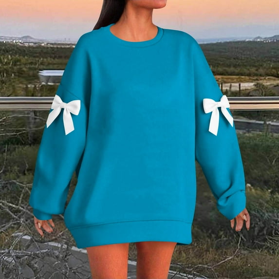 HOMBOM Womens Sweatshirt Bows Crew Neck Graphic Pullover Holiday Light Blue No Hood Casual Plain Tops for Women Long Sleeve