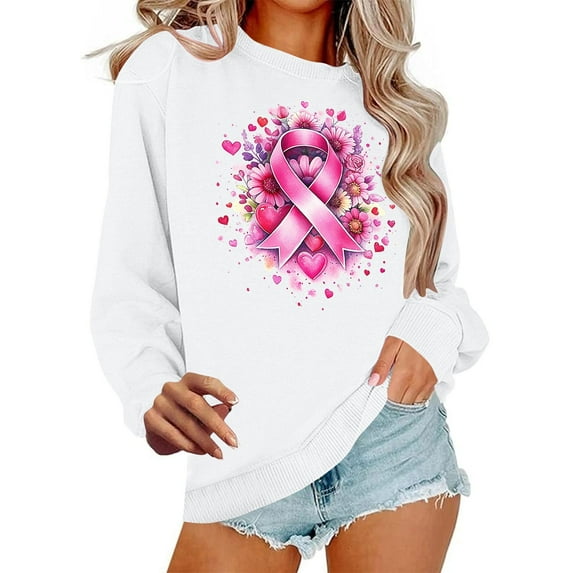 HOMBOM Womens Sweatshirt Crew Neck Pullover Hoodless Long Sleeve Breast Cancer White Tops for Women Graphic