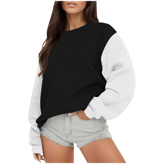 HOMBOM Womens Sweatshirt Lightweight Pullover Crew Neck Winter Black Hoodless Colorblock Tops for Women Long Sleeve