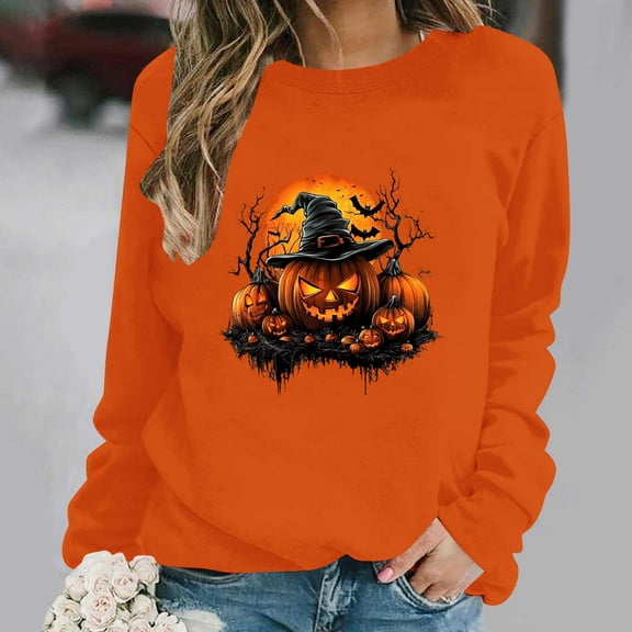 HOMBOM Womens Sweatshirt Pumpkin Orange Pullover Crewneck Cute Drop Shoulder Long Sleeve Relaxed Fit Tops for Ladies