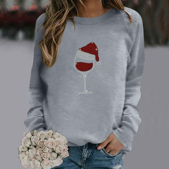 HOMBOM Womens Sweatshirt Rhinestone Wine Glass Lightweight Crew Neck Gray Long Sleeve Solid Tops for Women Winter