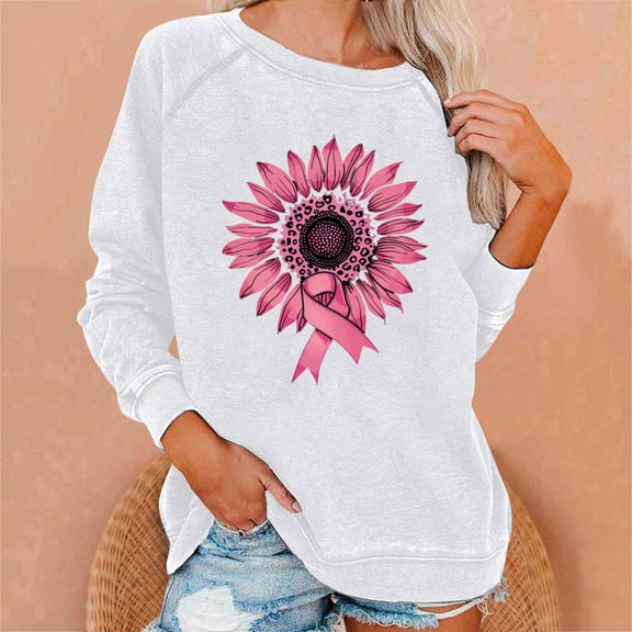 HOMBOM Womens Sweatshirt Solf Crew Neck Pullover Breast Cancer Graphic White Long Sleeve Hoodless Tops for Women