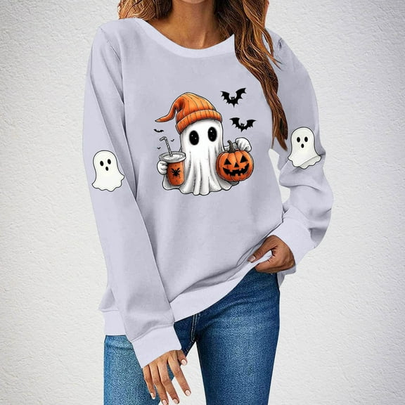 HOMBOM Womens Sweatshirt Spooky Season Gray Pullover Drop Shoulder Crewneck Cute Relaxed Fit Tops for Ladies Long Sleeve
