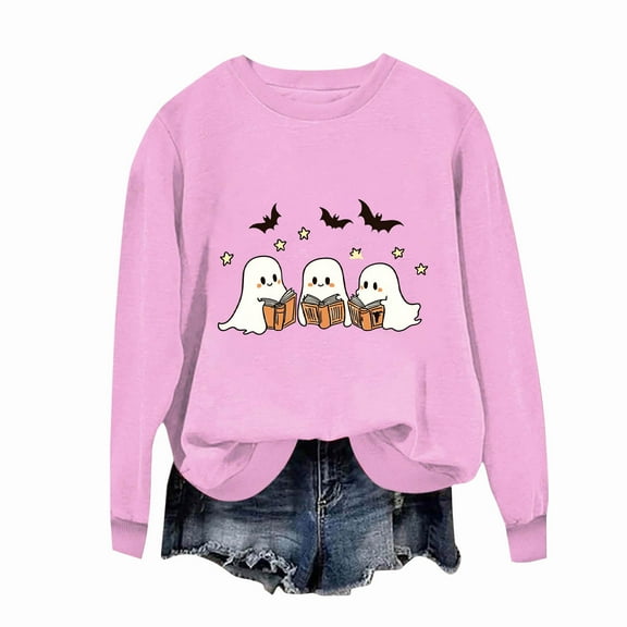 HOMBOM Womens Sweatshirt Spooky Season Pink Drop Shoulder Relaxed Fit Pullover Long Sleeve Tops for Ladies Crewneck
