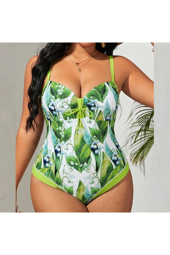 Womens Swimsuit Plus Size Swimwear Tummy Control Green Tropical Printed High Cut One Piece Bathing Suit for Ladies