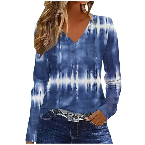 HOMBOM Womens T-Shirts Fall Graphic Navy V-Neck Tops Long Sleeve for Ladies