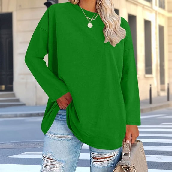 HOMBOM Womens T Shirts Oversized Fashion Plus Size Green Basic Tees for Young Women Long Sleeve 2XL