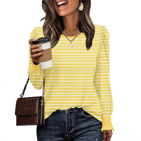HOMBOM Womens T-Shirts Puff Sleeve Long Sleeve Yellow Fall Crew Neck Tops Striped Relaxed Fit for Women