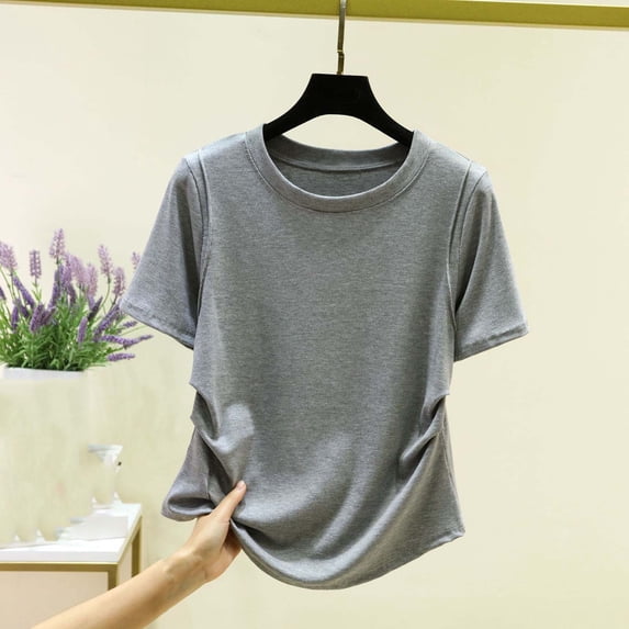 HOMBOM Womens T-Shirts Short Sleeve Graphic Tees Summer Solid Crew Neck Gray Tops for Young Woman