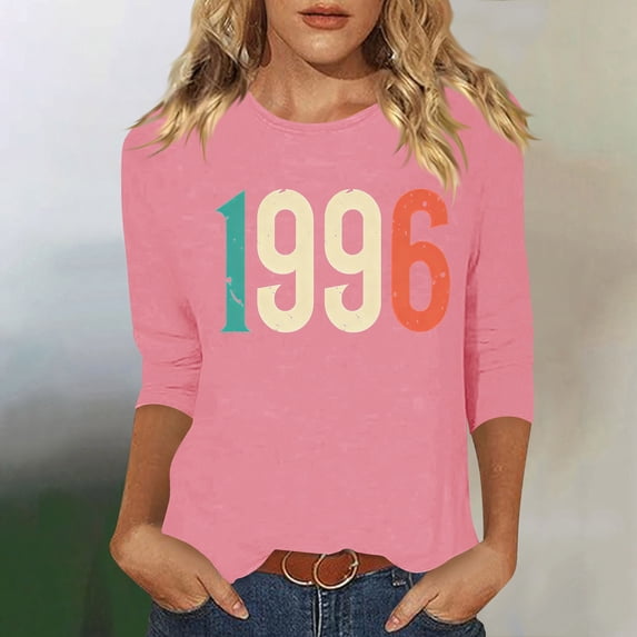 HOMBOM Womens T-Shirts Summer Graphic Tees 3/4 Sleeve Pink Basic Graphic Retro 1996 Print Tops for Ladies