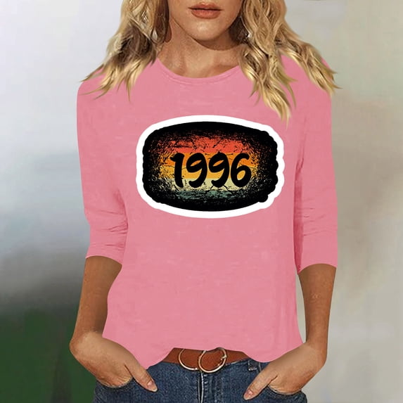 HOMBOM Womens T-Shirts Summer Graphic Tees Graphic Retro 1996 Print Basic Pink Crew Neck Tops for Young Woman