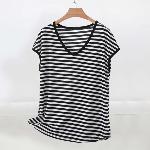 HOMBOM Womens T-Shirts V Neck Summer Graphic Tees Striped Short Sleeve Silver Casual Tops for Women