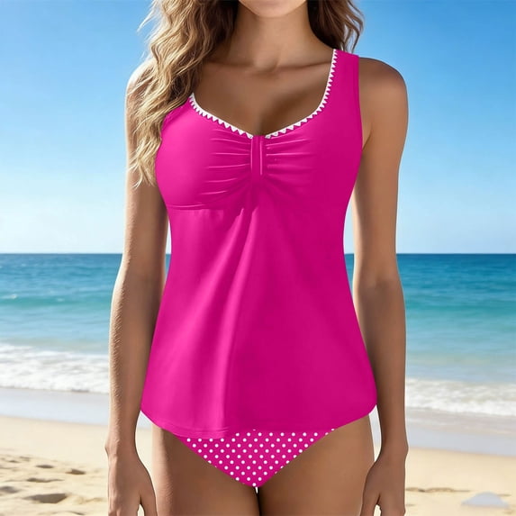 HOMBOM Womens Tankini Swim Suits High Waisted Swimwear Modest 2 Piece Holiday Hot Pink Tankini Bathing Suit for Ladies