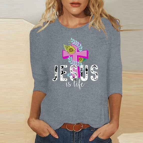 HOMBOM Womens Tops 3/4 Sleeve Gray Crew Neck Shirts Easter Cross Print Easter Shirts For Women 2024 XXXXL