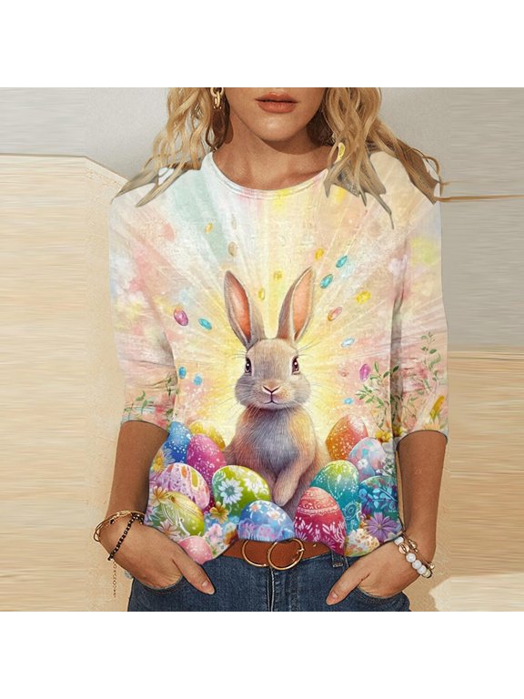 Womens Tops 3/4 Sleeve T-Shirts Easter Summer Crew Neck Bunny Print Graphic Tees for Ladies Basic