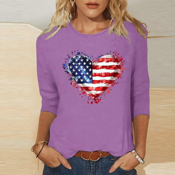 HOMBOM Womens Tops 4th of July 3/4 Sleeve Patriotic Casual American Flag Graphic Tees for Young Women Loose