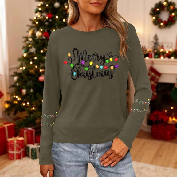 HOMBOM Womens Tops Army Green Comfy Long Sleeve Plus Size Christmas Reindeer Crewneck T Shirts for Female Cute