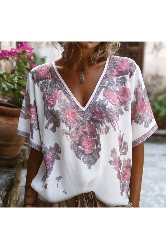 Womens Tops Boho Trendy White Vacation Floral Soft Short Sleeve Loose Blouse for Ladies V Neck