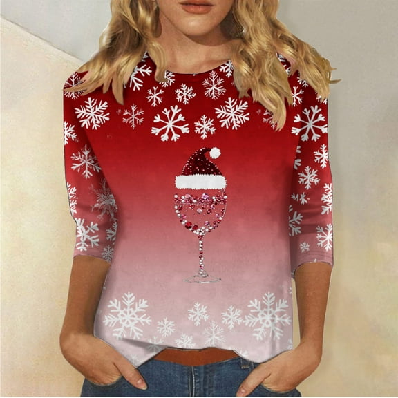 HOMBOM Womens Tops Christmas Fashion Ugly 3/4 Sleeve Santa Crewneck Red Tee Shirts for Female Xmas