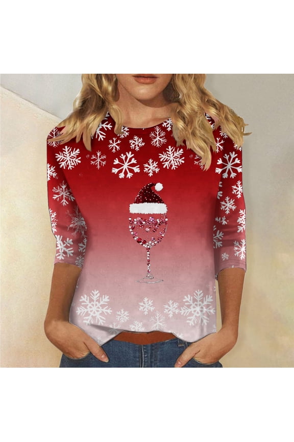 Womens Tops Christmas Fashion Ugly 3/4 Sleeve Santa Crewneck Red Tee Shirts for Female Xmas
