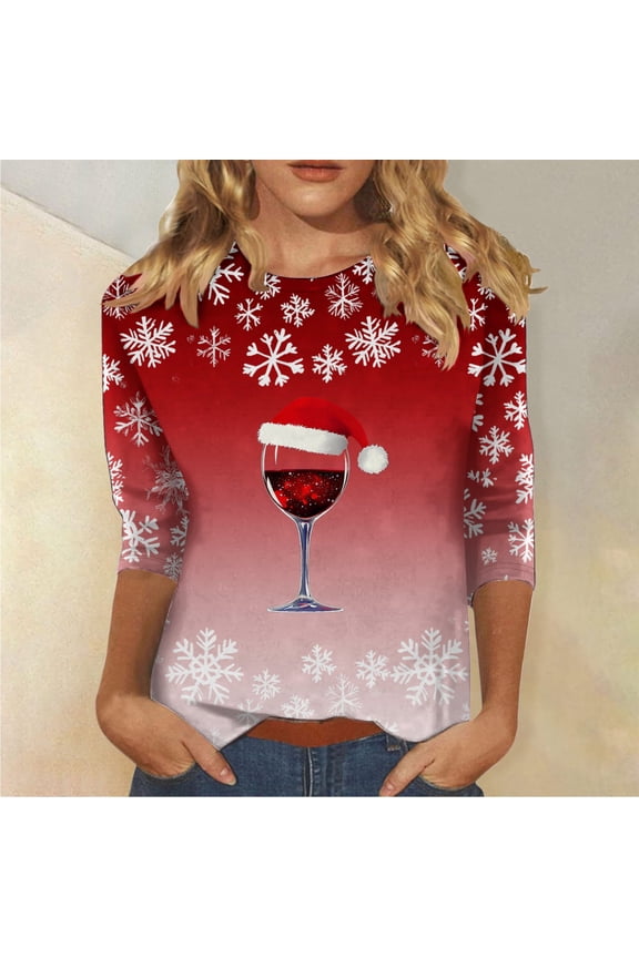 Womens Tops Christmas Red Comfy Plus Size Crewneck Merry Christmas 3/4 Sleeve Xmas T Shirts for Ladies