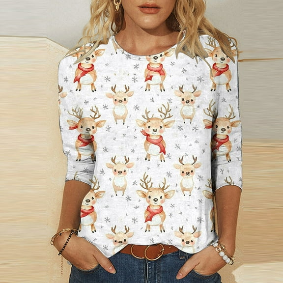 HOMBOM Womens Tops Christmas White Dressy Casual Graphic Santa Print 3/4 Sleeve Xmas Shirts for Women Crewneck