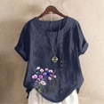 thumbnail image 1 of HOMBOM Womens Tops Cotton Linen Button Navy Plus Size Floral Short Sleeve Summer Loose Blouse for Women Crewneck, 1 of 4